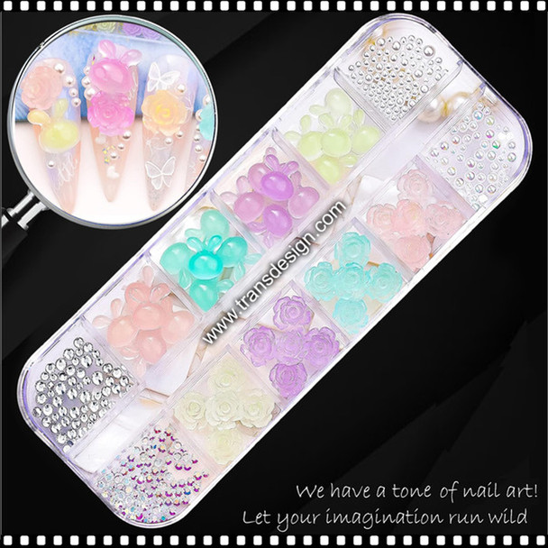 NAIL CHARM RESIN  Luminous Colorful Rabbit & Flower