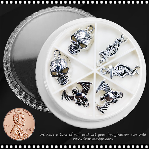 NAIL CHARM ALLOY Silver Skull Bat & Skeleton 6/Case