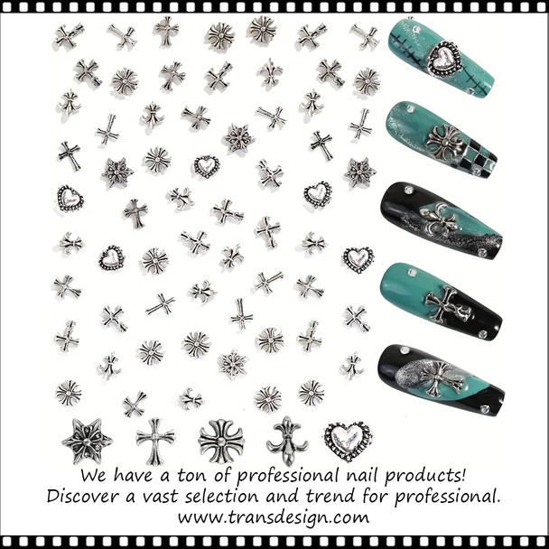 NAIL CHARM ALLOY Silver Assorted Cross 5 Pairs/Pack