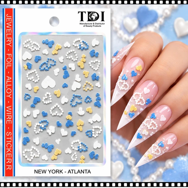 5D NAIL STICKER – BLUE, WHITE & YELLOW HEARTS, 2/PACK