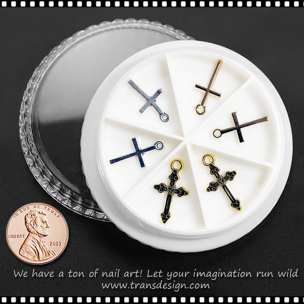 NAIL CHARM ALLOY Gold & Silver Classic Cross 6/Case #1 *