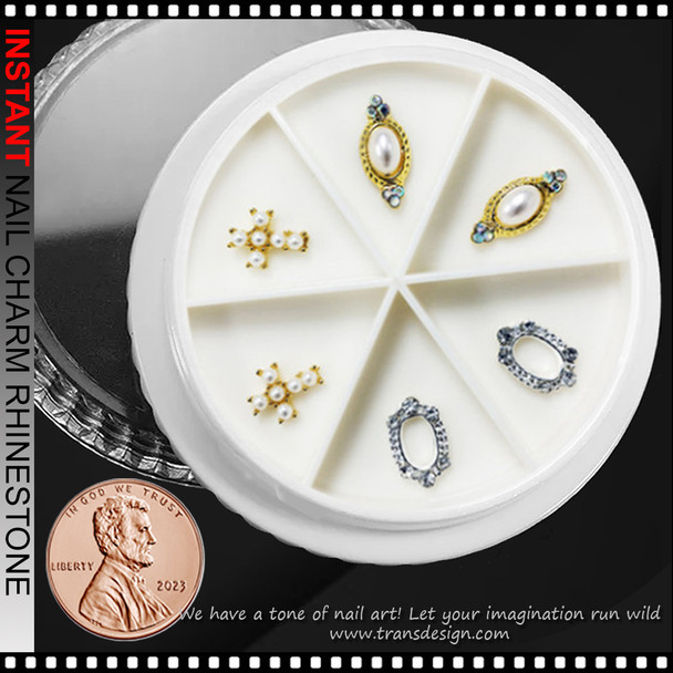 NAIL CHARM RHINESTONE & PEARL Cross & Oval Shape 6/Case 
