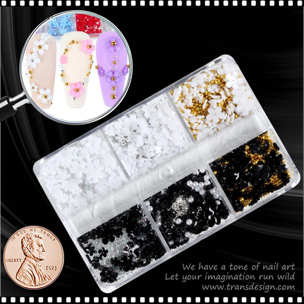 NAIL CHARM RESIN Macaron Flower Black & White with Silvery Caviar Beads 6/Grid