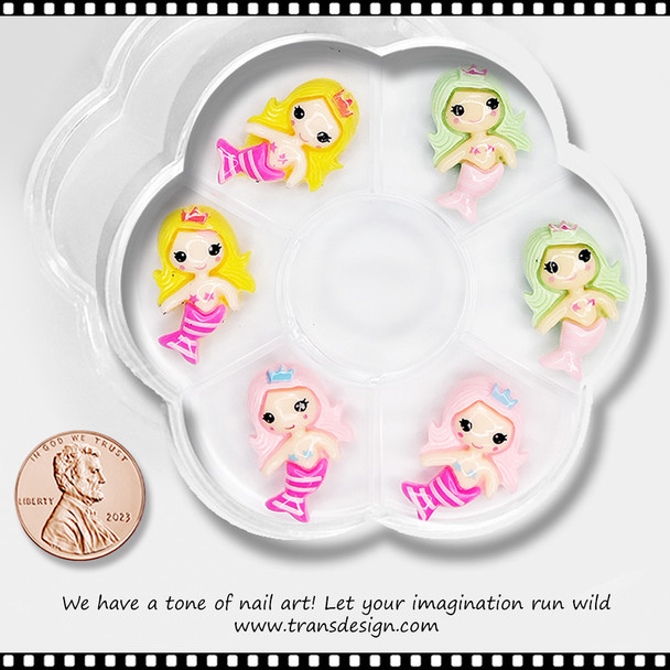 NAIL CHARM RESIN Yellow, Pink, Green Cute Mermaid 6/Case