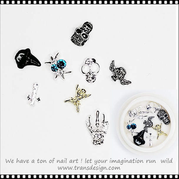 NAIL CHARM Halloween, Skull, Head, Spider, Cross 8/Jar