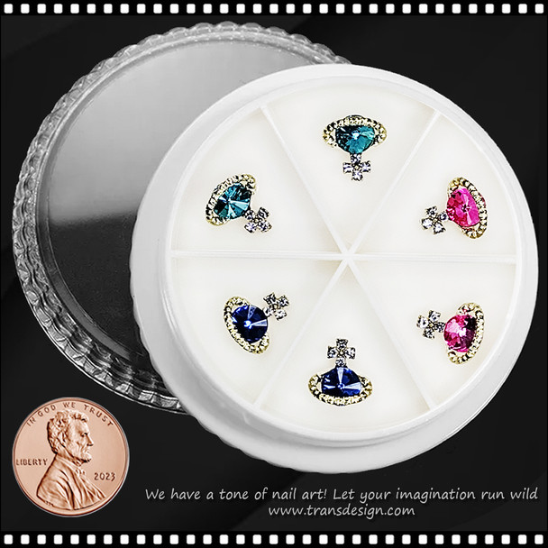 NAIL CHARM RHINESTONE Gold Global, Planet Royal Blue, Aqua & Pink 6/Case *