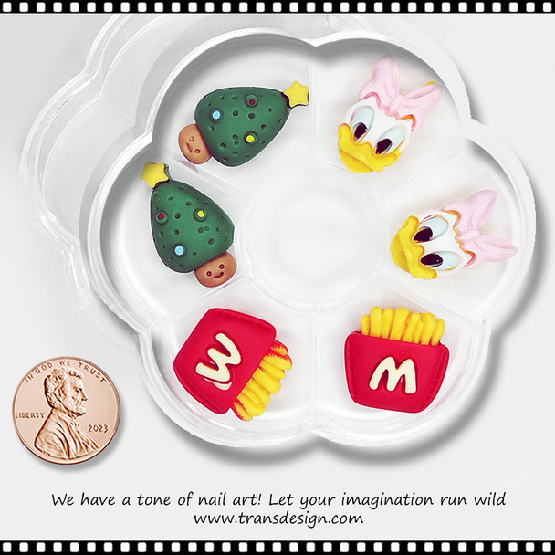 NAIL CHARM RESIN Christmas Tree, French Fries, & Daisy Duck 6/Case