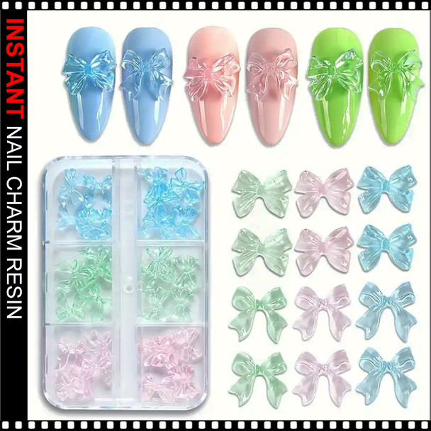 NAIL CHARM RESIN Blue, Green, & Pink Transparency Bows 30/Case