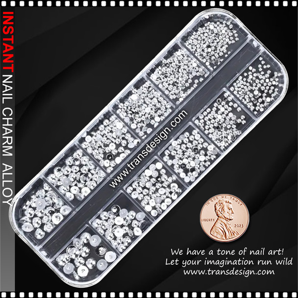 NAIL CHARM ALLOY Silver Half Round Beads Mixed Size 12 Grids