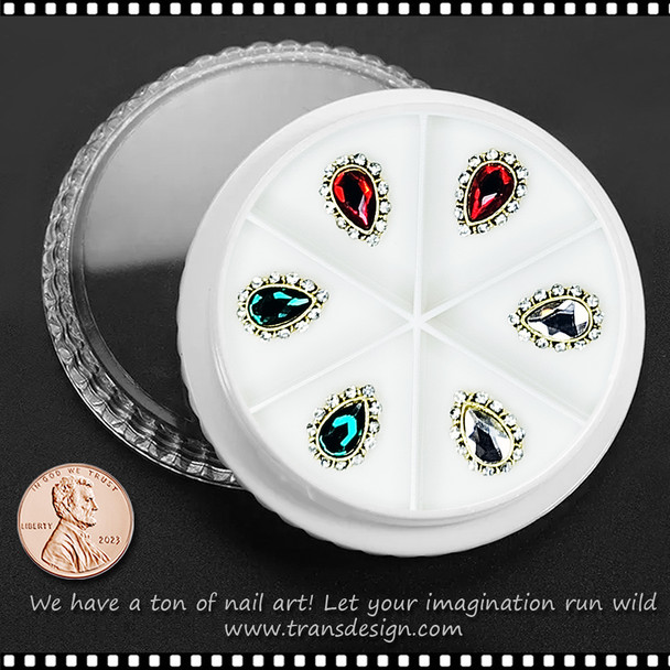 NAIL CHARM ALLOY & RHINESTONE Gold Trim, Tear Drop, Green, Clear, & Red  6/Case