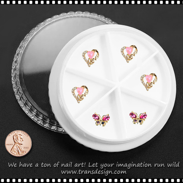 NAIL CHARM RHINESTONE Pink Heart & Butterfly 6/Case *