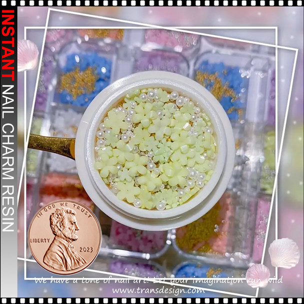 NAIL CHARM Assorted Pale Green Flowers & Silver Caviar Beads Jar