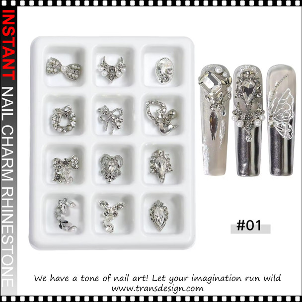 NAIL CHARM RHINESTONE Silver, Bow, Butterfly & Assorted 12/Case