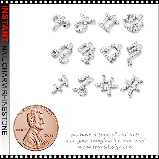 NAIL CHARM RHINESTONE Silver Zodiac with Rings 12/Case