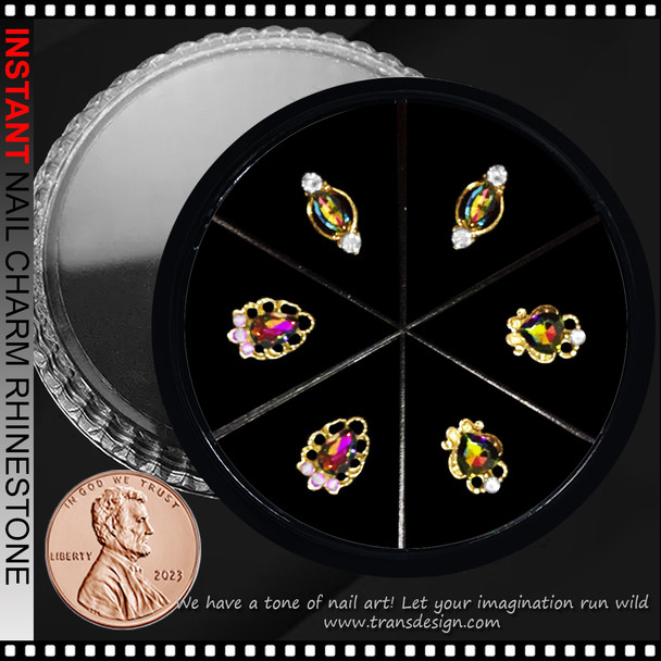NAIL CHARM RHINESTONE Gold with Iridescent Purple to Green #2 6/Case