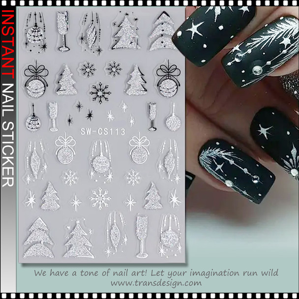 NAIL STICKER Christmas Iridescent Silver, Champagne Glass,Ornament, Snowflake, Christmas Tree #DW-CS113