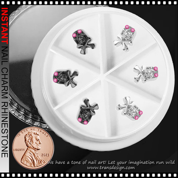 NAIL CHARM RHINESTONE Skull & Crossbones with Pink Rhinestones 6/Case