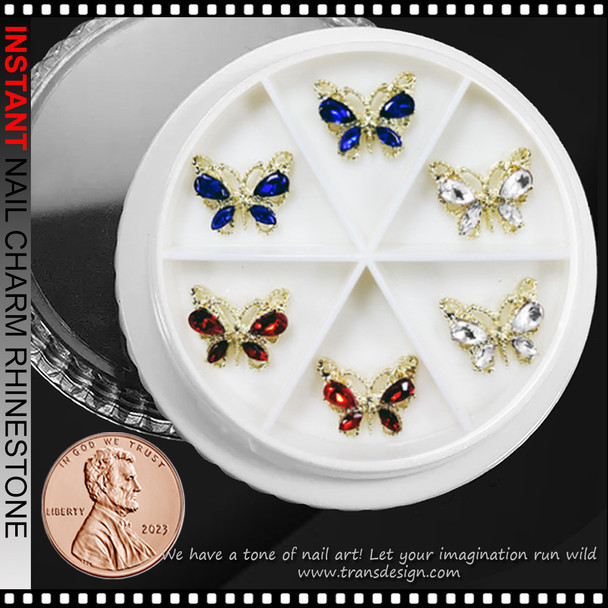 NAIL CHARM RHINESTONE Gold Butterfly in Blue, Red, & Clear 6/Case