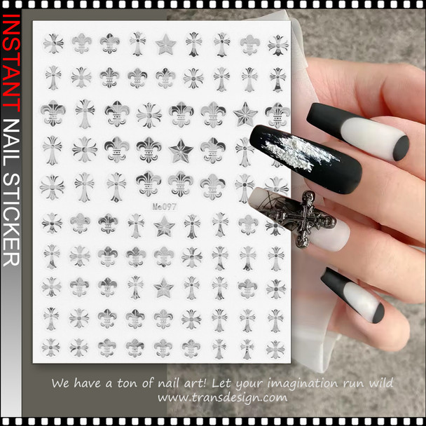 NAIL STICKER Silver Fleur-de-lis, Stars, and Cross #Me097