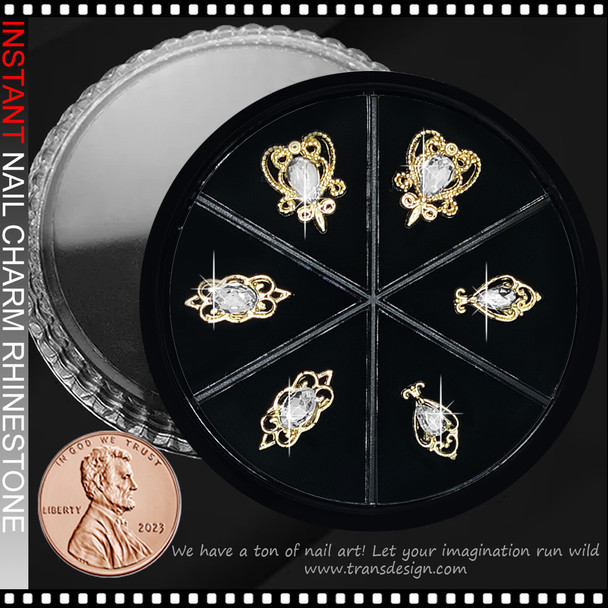 NAIL CHARM RHINESTONE Ornate Gold Filigree with Clear 6/Case