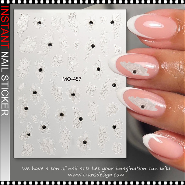 NAIL STICKER Spring White Flower with Clear Rhinestone #MO-457