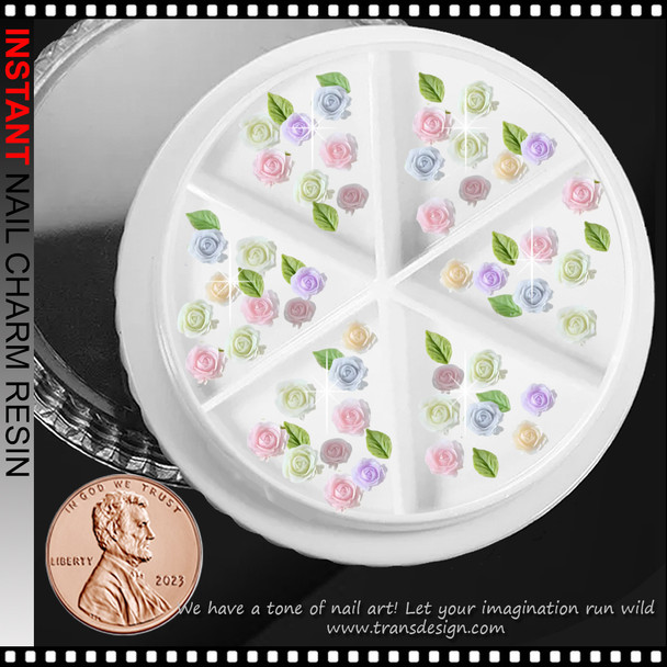 NAIL CHARM RESIN Mixed Color Rose with Green Leaf, ~ 50/Case