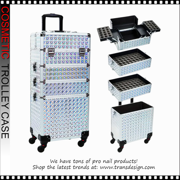 COSMETIC CASE Rolling, 4 Tray, 3 in 1 Large, Aluminum Colorful Silvery