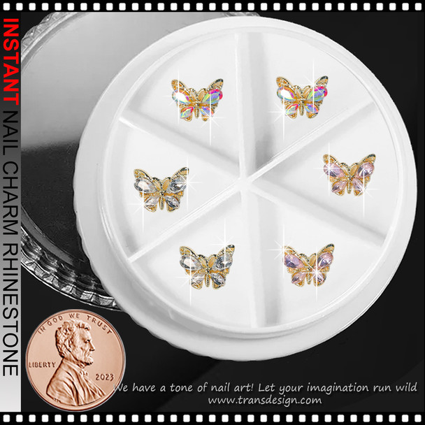 NAIL CHARM RHINESTONE Gold Butterfly in AB, Clear, & Pink 6/Case .