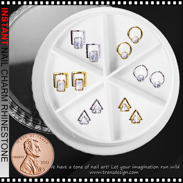 NAIL CHARM ALLOY Geometric with Faux White Marble Stone 12/Case