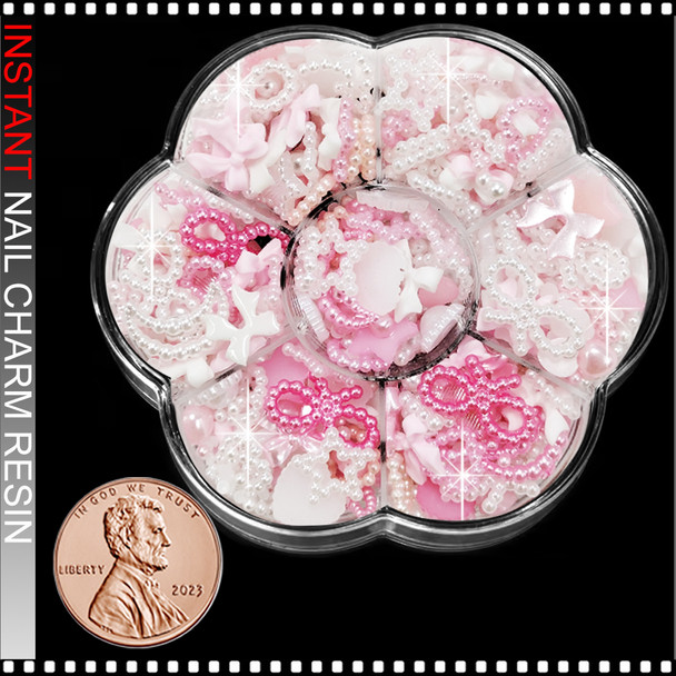 NAILS CHARMS RESIN White & Pink Heart, Star, Bows, Round Pearls 300/Case