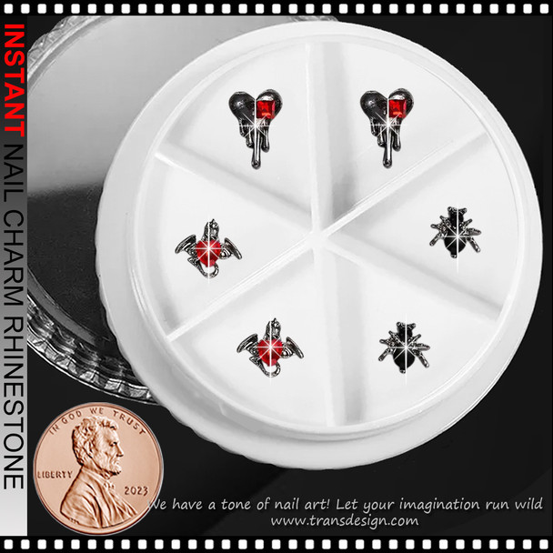 NAIL CHARM RHINESTONE Bleeding Heart, Spider , Dragon Silhouette 6/Case