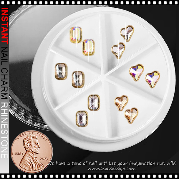 NAIL CHARM RHINESTONE With Gold Frames – Heart & Rectangle 12/Case
