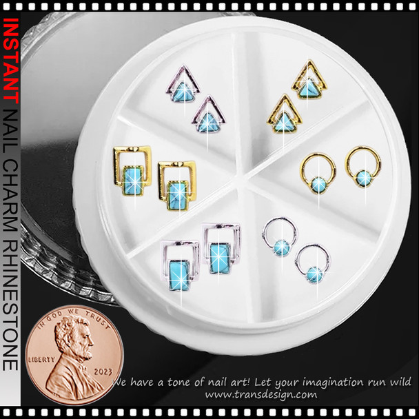 NAIL CHARM RHINESTONE Geometric Turquoise – Gold & Silver Frames 12/Case