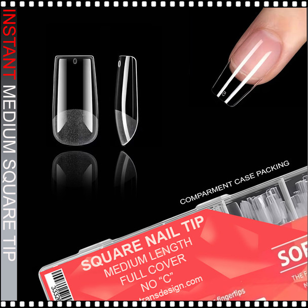 INSTANT SOFT GEL TIP Square, Full cover, Clear, Medium Length, Clear 600/Case