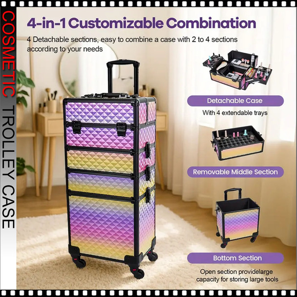 COSMETIC CASE Rolling, 4 Tray, 3 in 1 Large, Aluminum Gradient Purple