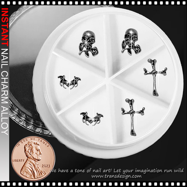 NAIL CHARM ALLOY Skull, Winged Bat, Cross 6/Case  NAIL CHARM ALLOY Skull, Winged Bat, Cross 6/Case