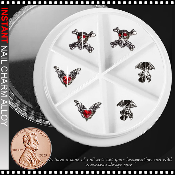 NAIL CHARM ALLOY Skull, Winged Hearts , Bats 6/Case 