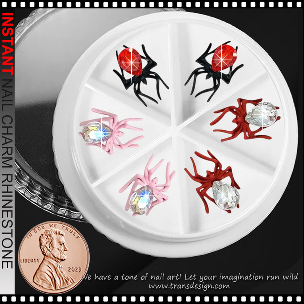 NAIL CHARM RHINESTONE Halloween Spider Red, Black & Pink 6/Case