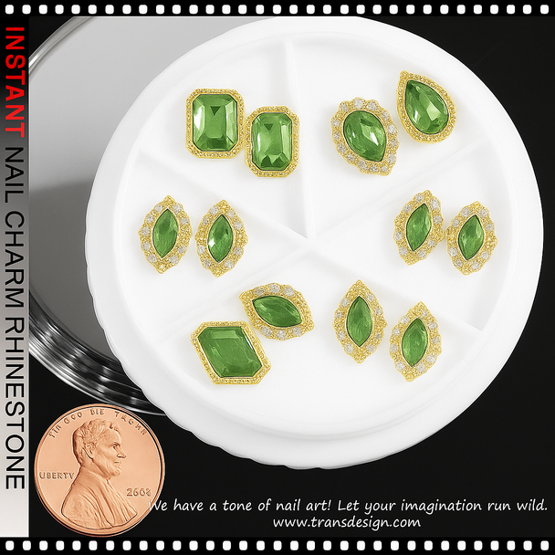 NAIL CHARM RHINESTONE Luxury Gold Trim Light Green Crystal 12/Case