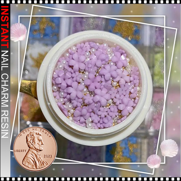 NAIL CHARM RESIN Purple  Flowers with Golden And Silvery Caviar Beads 
