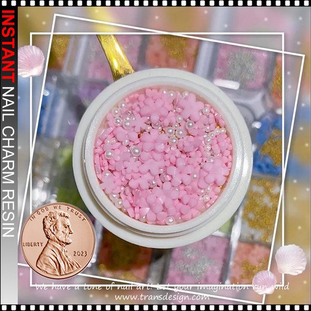 NAIL CHARM RESIN Pink Flowers with Golden And Silvery Caviar Beads 