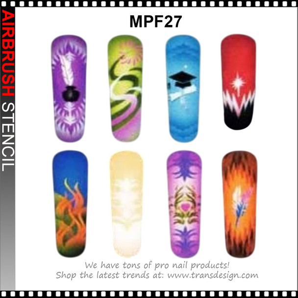 STENCIL MPF27 Burst and Swirl Patterns, Graduation Cap, Flames, Heart Motif