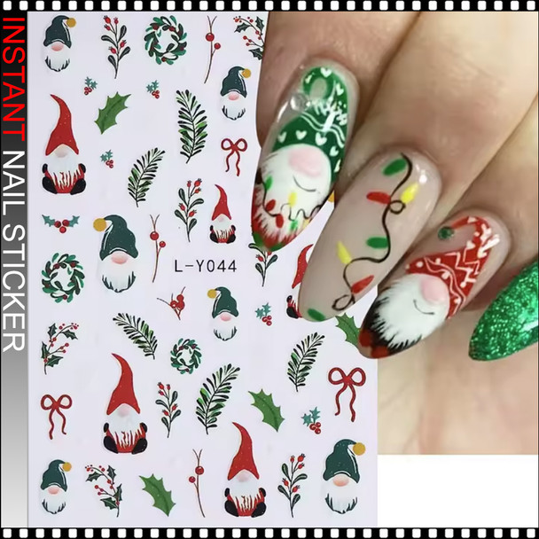 NAIL STICKER Glow Gnome, Wreath & Holly Leaves #LY-044