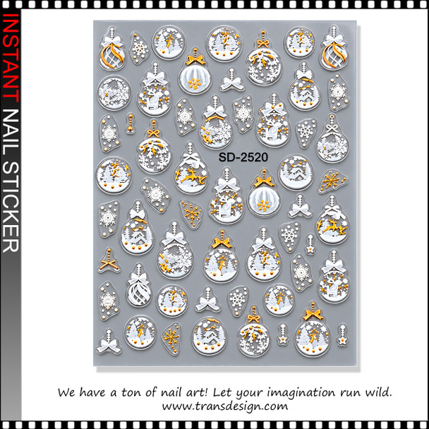5D NAIL STICKER – CHRISTMAS SNOW GLOBE ORNAMENTS, WHITE & GOLD #SD-2520
