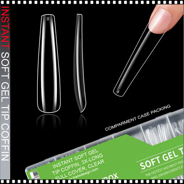 SOFT GEL TIP Coffin, 3X-Long, Full Cover, Clear 240/Case