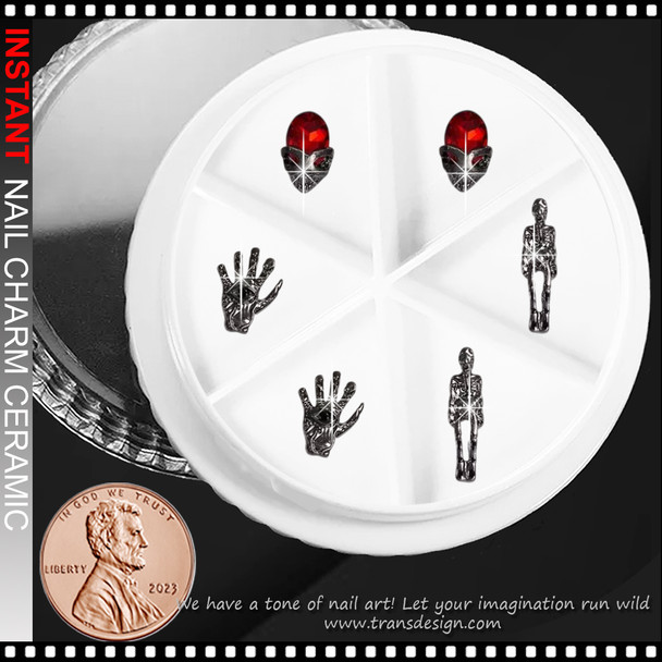 NAIL CHARM RHINESTONE Human Skeleton, Skull with crystal & Skeletal hand 6/Case *