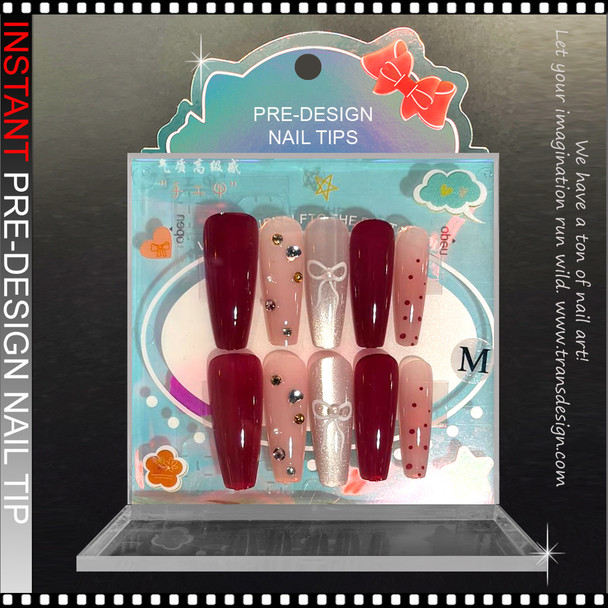 Burgundy & Nude Bow Press-On Nails