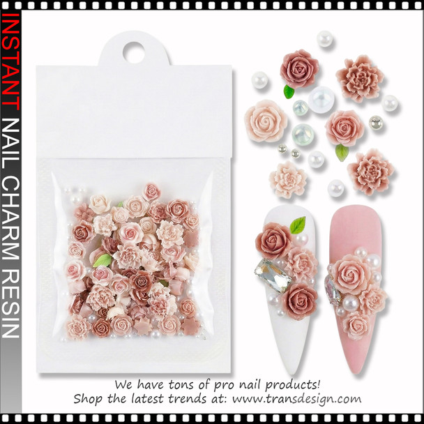 NAIL CHARM RESIN Nude Rose Flower with Beads 60/Bag #M6705