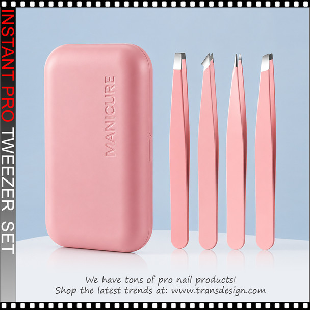 INSTANT PRO. Manicure Tweezer Set, 4/Mirror Case – Pink