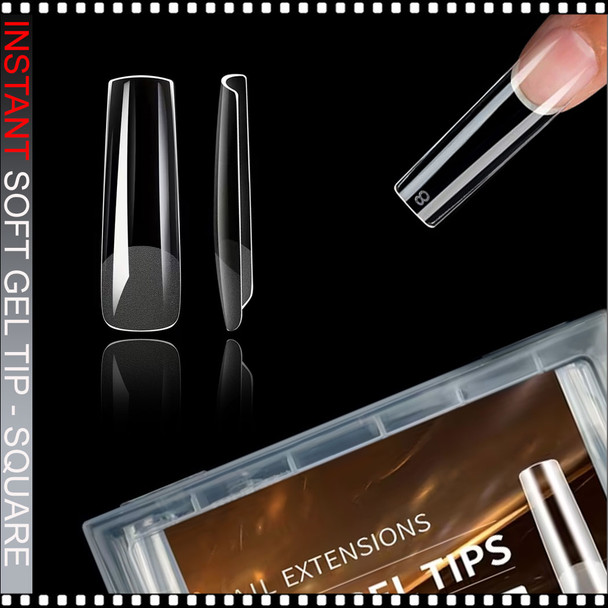 INSTANT SOFT GEL TIP Square, XX-Long, Straight, No 'C', Clear, Full Cover 240/Case
